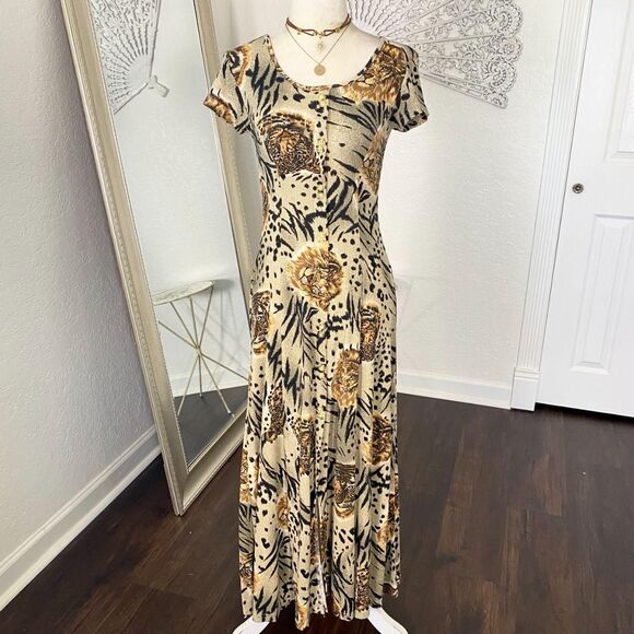 La fete Dresses & Skirts - Vintage La Fete Ribbed Button Front Midi Dress Lion Tiger Portrait Print S